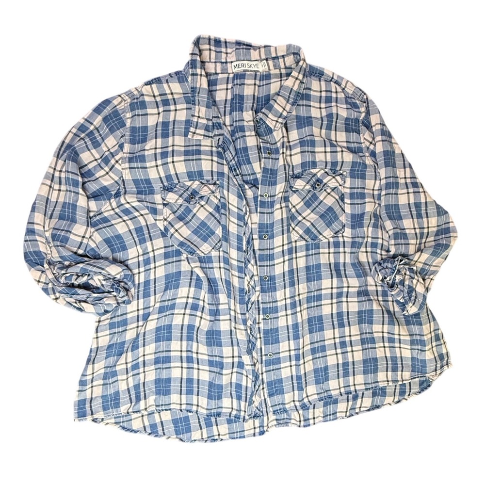 Meri Skye 4X Blue‎ Plaid Button Down Long Sleeve Shirt Cotton Blend Casual